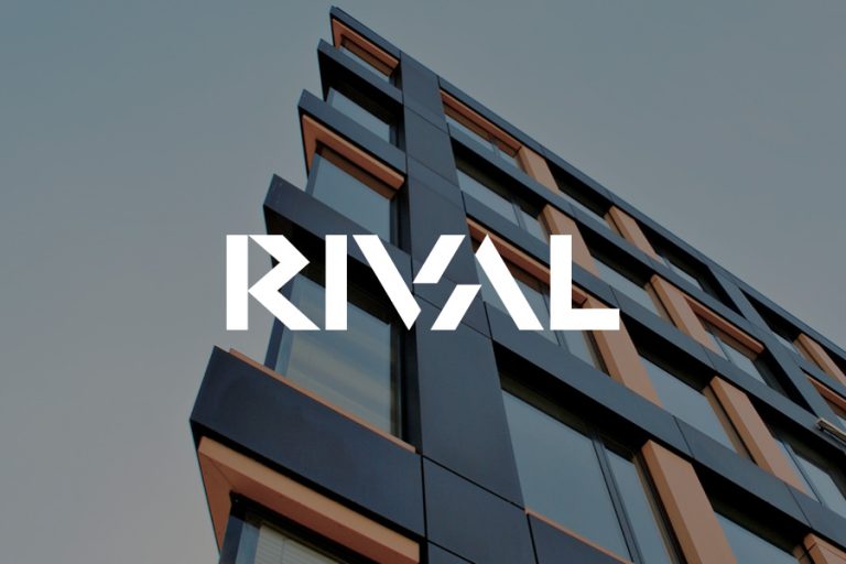 Rival logo in white on an image of an angular building