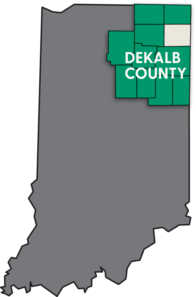 Indiana map indicating eleven northeast Indiana counties, highlighting DeKalb County