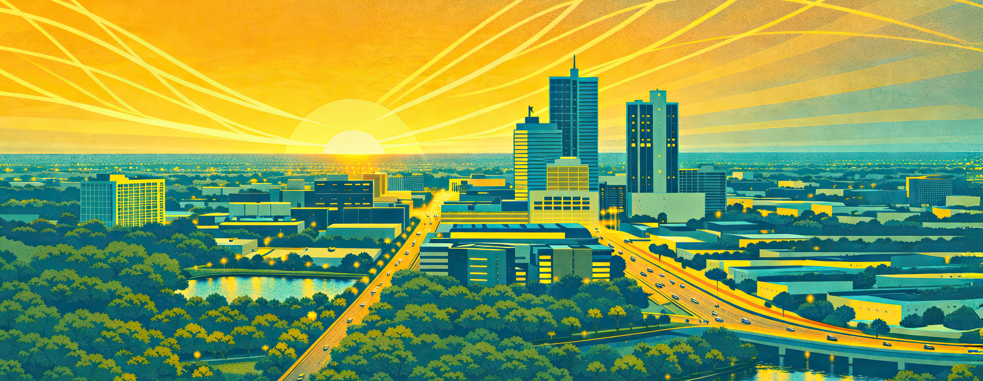 bright stylized illustration of Fort Wayne cityscape