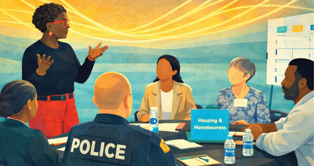 stylized illustration of Leaders from justice and community organizations participating in the Restore Allen process